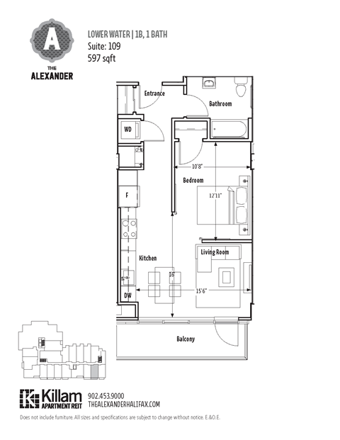 Floor plan for 1 bed, 1 bath, 596 sqft